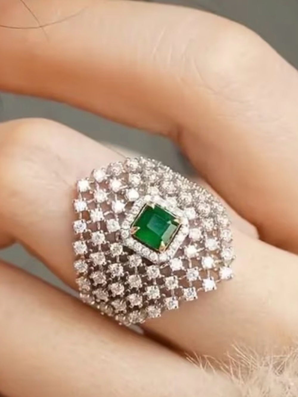 Emerald & Cubic Zirconia Statement Ring - Green Center Stone